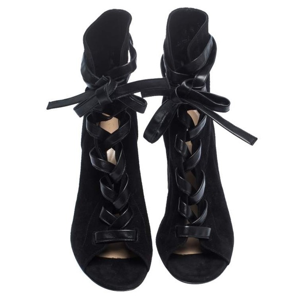 Gianvito Rossi Marie Velvet Ankle Boots Lace Up Open Toe - Picture 2 of 13